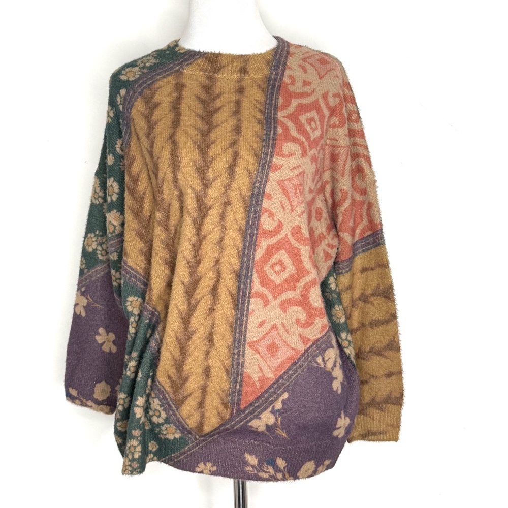 Togputel Boho Patchwork Mixed Print Oversized Sweater - Size S NWT